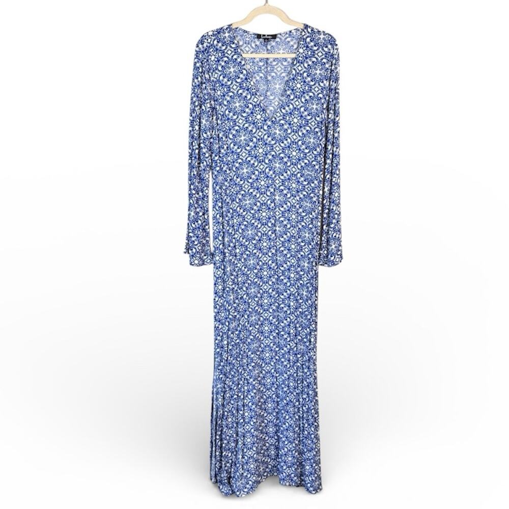 Lulus Blue White Mandala Floral Print Maxi Dress Womens L Boho Modest Romantic